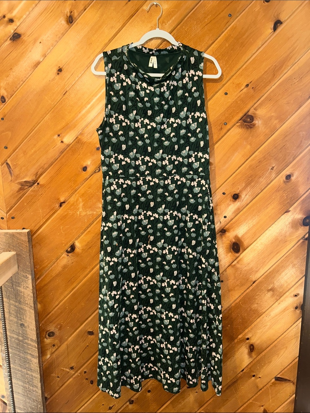 Pact Fit & Flare Cowl Neck Organic Cotton Green Floral Midi Dress